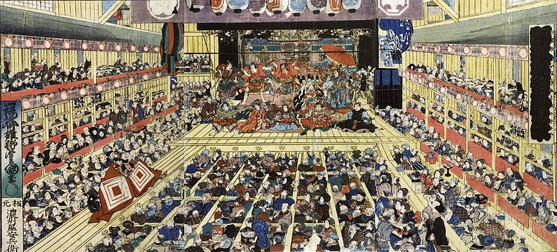 Odori-keiyō Edo-e no Sakae by Toyokuni Utagawa III, depicting the July 1858 production of Shibaraku.