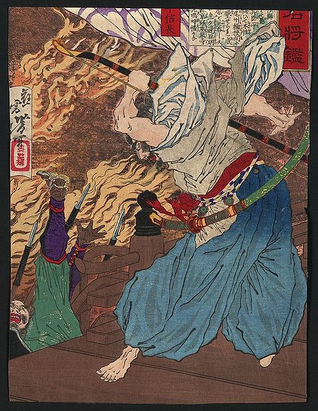 Oda Nobunaga fighting with another warrior whom he knocks off a building into a raging inferno.