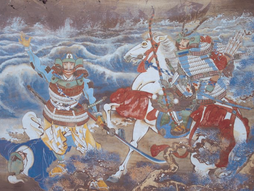 Two Samurai with a dead Mongol at their feet. The one on the right is possibly Sō Sukekuni, the defending commander. Votive image at the Komoda Shrine at Sasuura on Tsushima.