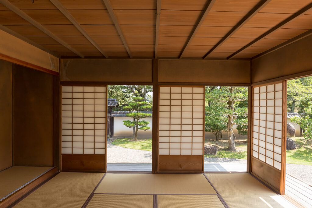 Shiga, Japan- AUG 4 2016: Japanese style room keeping shoji open in the old residence at Hikone